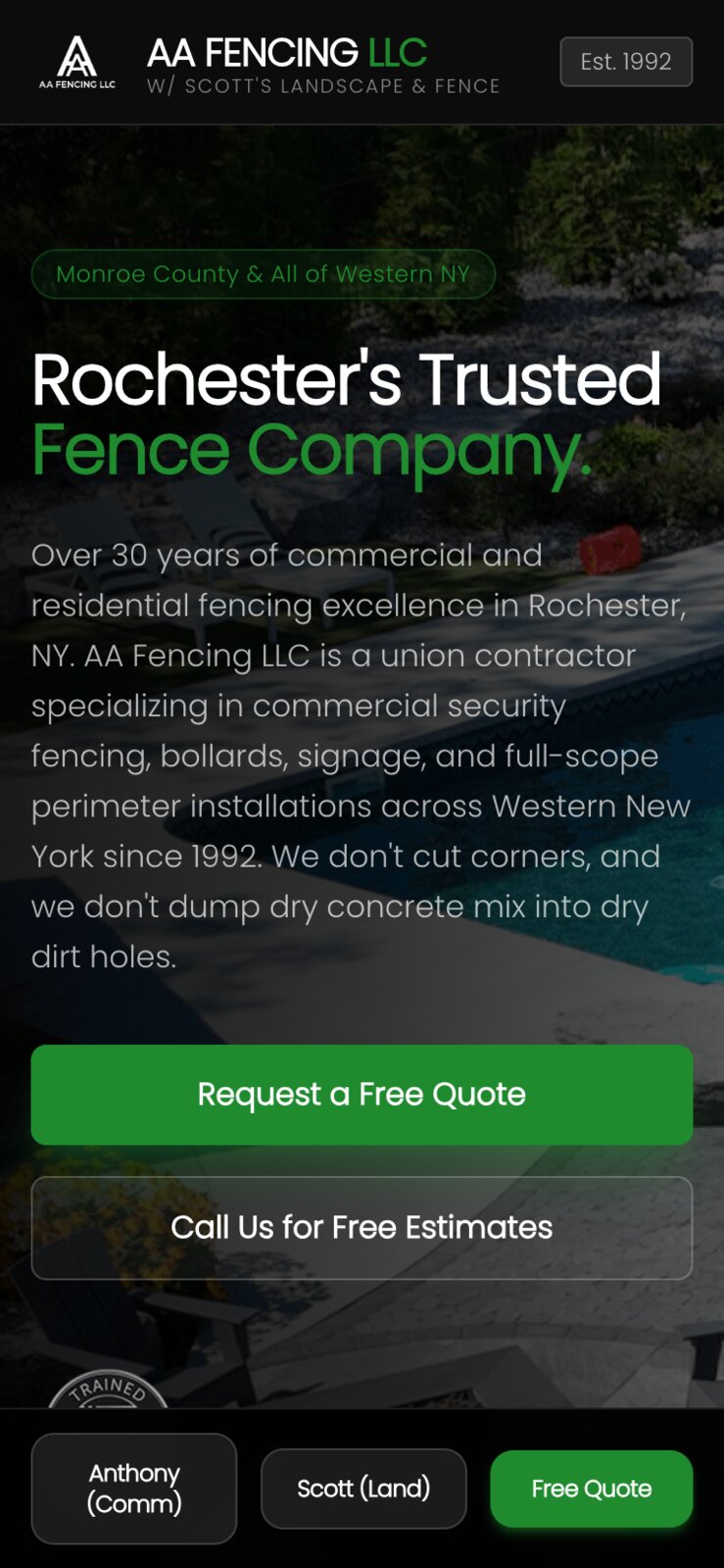 AA Fencing LLC website – mobile view