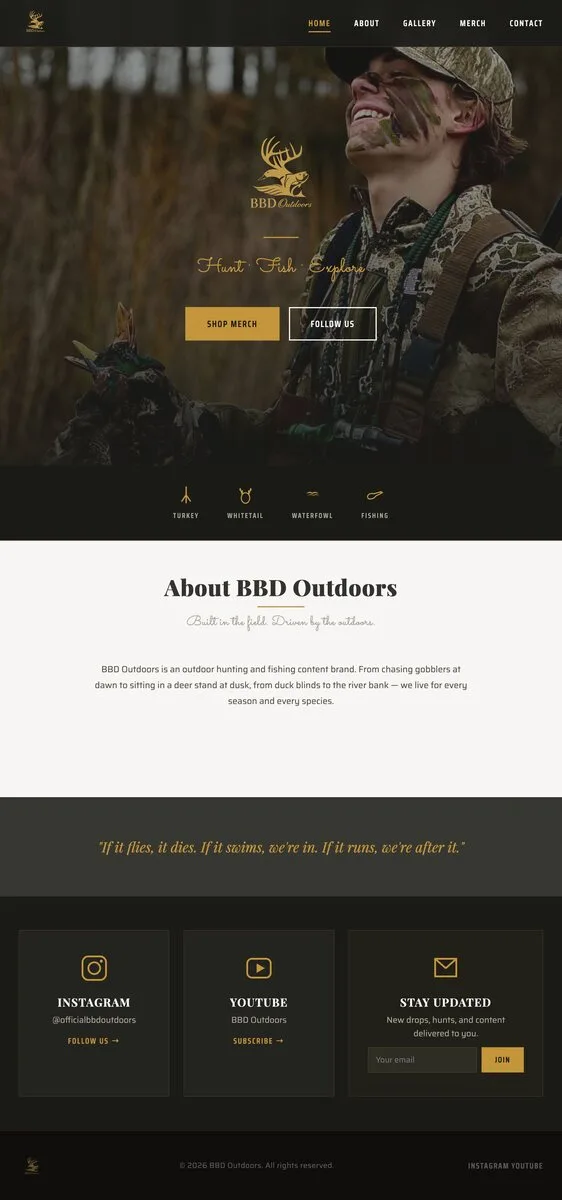 BBD Outdoors hunting and fishing brand website designed by Zandyr Meakin