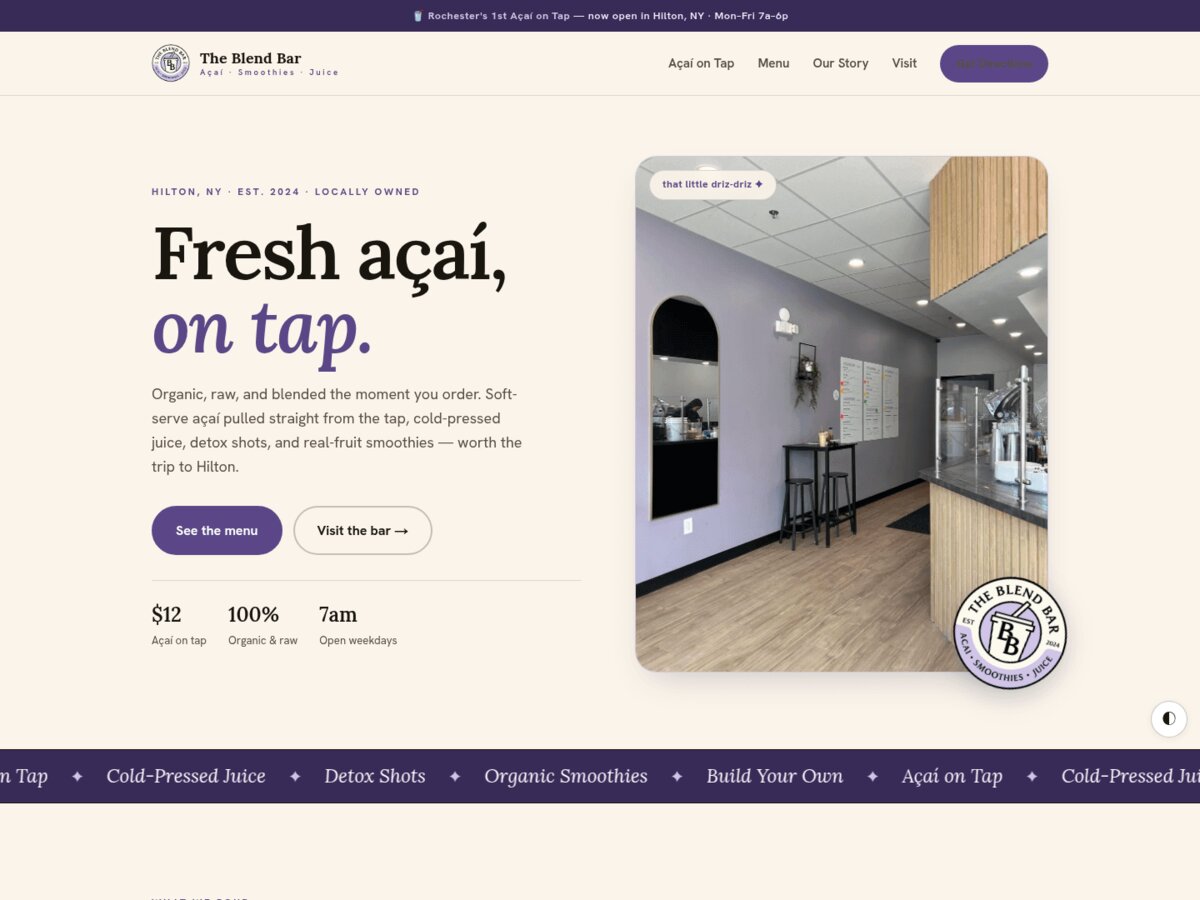 The Blend Bar acai and smoothie shop website designed and built by Zandyr Meakin Graphics