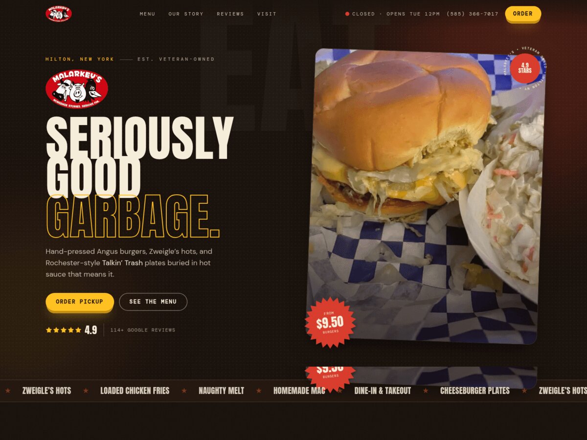 Malarkey's burger and garbage plate joint website designed and built by Zandyr Meakin Graphics