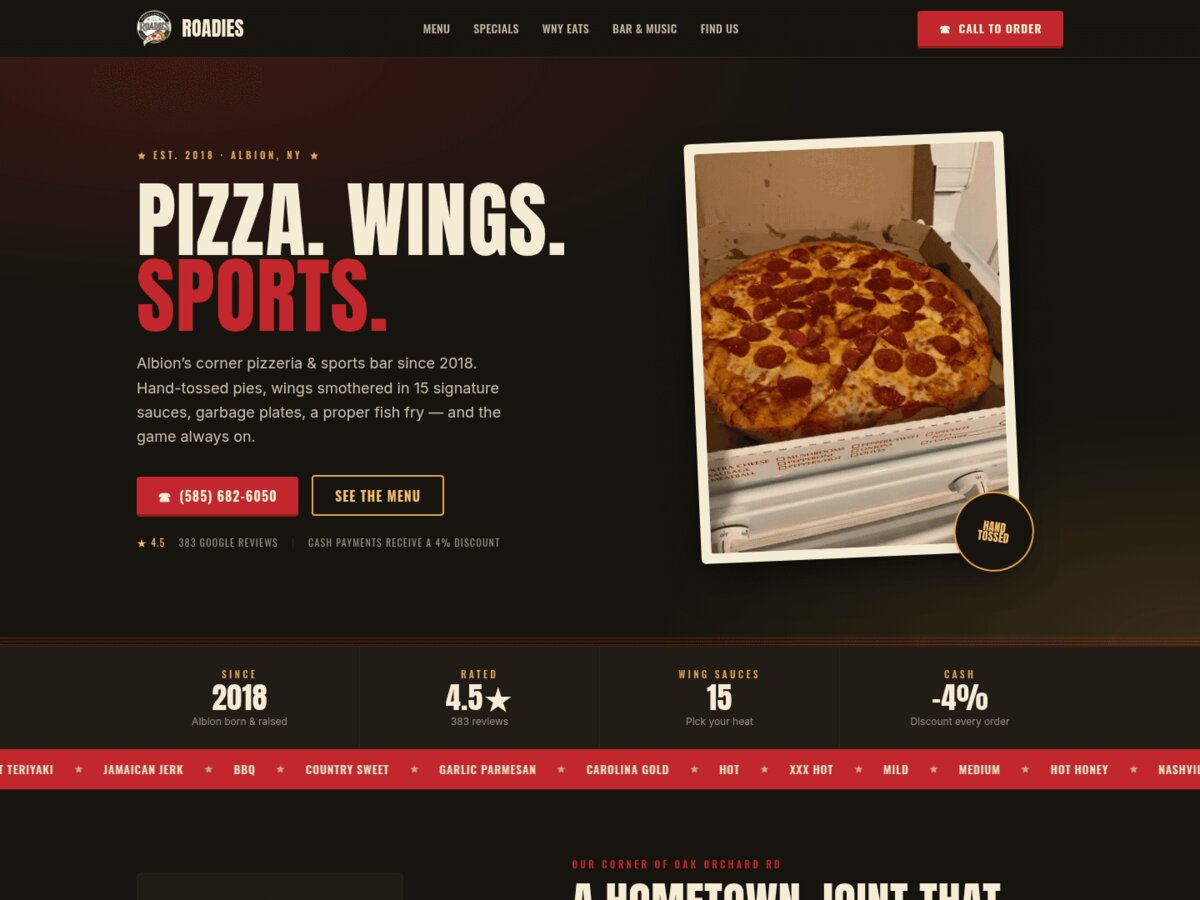 Roadies Pizzeria and Sports Bar website designed and built by Zandyr Meakin Graphics